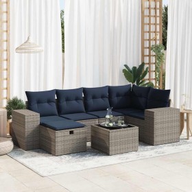 Set de sofás de jardín 7 pzas con cojines ratán sintético gris