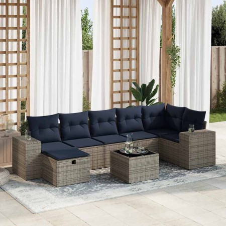 Set de sofás de jardín y cojines 8 piezas ratán sintético gris