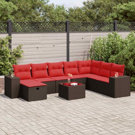 Set de sofás de jardín 9 pzas y cojines ratán sintético marrón
