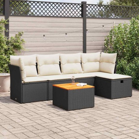 Set de sofás de jardín 6 piezas y cojines ratán sintético negro