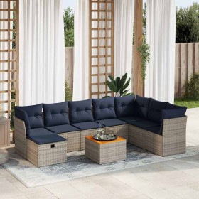 Set de sofás de jardín con cojines 9 pzas ratán sintético gris