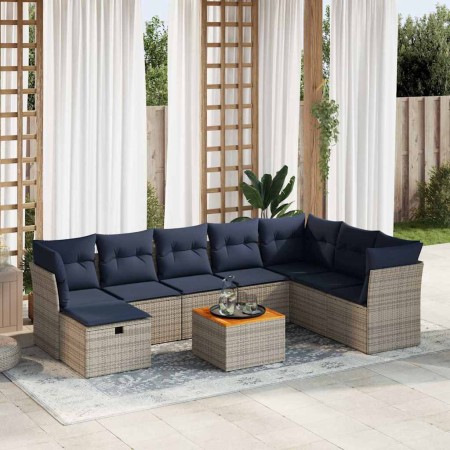 Set de sofás de jardín con cojines 9 pzas ratán sintético gris