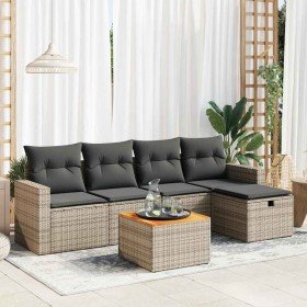 Set de muebles de jardín 6 pzas y cojines ratán sintético gris