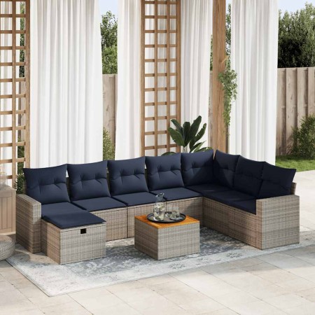 Set de sofás de jardín con cojines 9 pzas ratán sintético gris