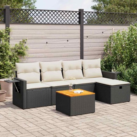 Set de sofás de jardín 6 piezas y cojines ratán sintético negro