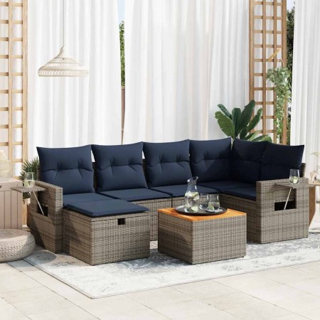 Set de sofás de jardín 7 pzas con cojines ratán sintético gris