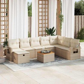 Set de sofás de jardín con cojines 9 pzas ratán sintético beige