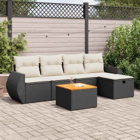 Set de sofás de jardín 6 piezas y cojines ratán sintético negro
