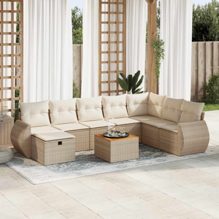 Set de sofás de jardín con cojines 9 pzas ratán sintético beige