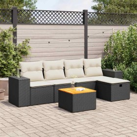 Set de sofás de jardín 6 piezas y cojines ratán sintético negro