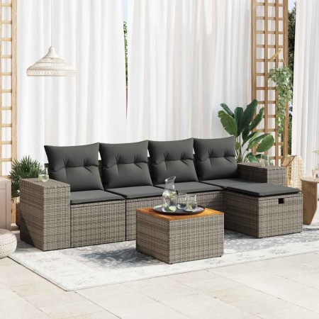Set de muebles de jardín 6 pzas y cojines ratán sintético gris