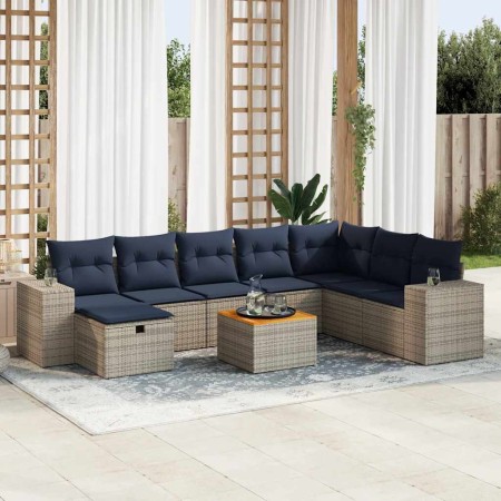 Set de sofás de jardín con cojines 9 pzas ratán sintético gris