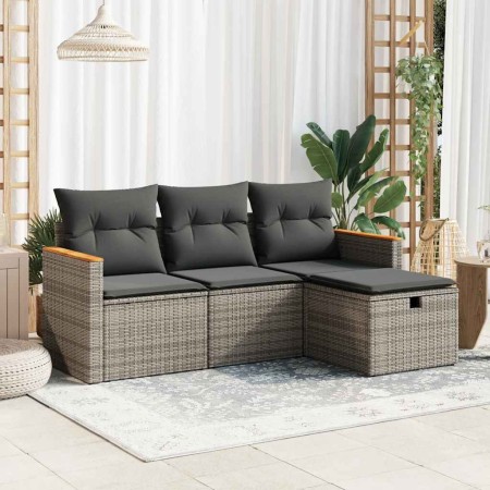 Set de sofás de jardín 4 pzas y cojines ratán sintético gris