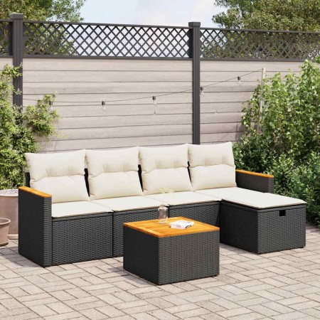 Set de sofás de jardín 6 piezas y cojines ratán sintético negro