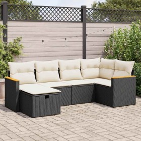 Set de sofás de jardín 6 piezas y cojines ratán sintético negro