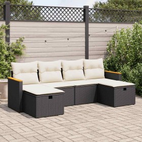 Set de sofás de jardín 6 piezas y cojines ratán sintético negro