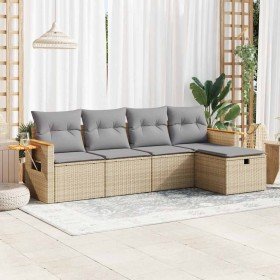 Juego de sofás jardín con cojines 5 pzas ratán sintético beige