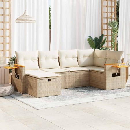 Juego de sofás jardín con cojines 6 pzas ratán sintético beige