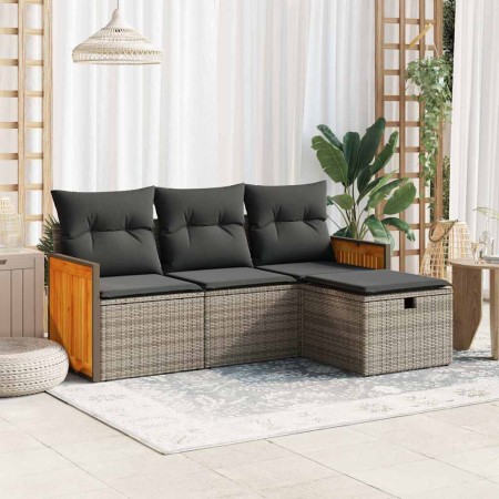 Set de sofás de jardín 4 pzas y cojines ratán sintético gris