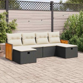 Set de sofás de jardín 6 piezas y cojines ratán sintético negro