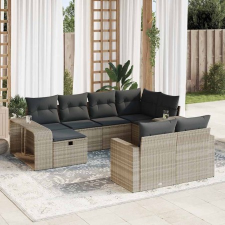 Set sofás jardín 10 pzas con cojines ratán sintético gris claro