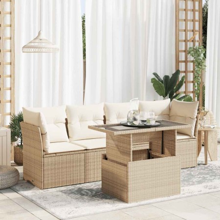 Juego de sofás jardín con cojines 5 pzas ratán sintético beige