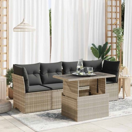 Set de sofás jardín y cojines 5 pzas ratán sintético gris claro