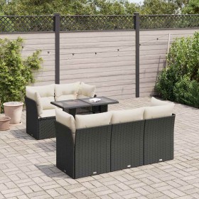 Set de sofás de jardín 6 piezas y cojines ratán sintético negro