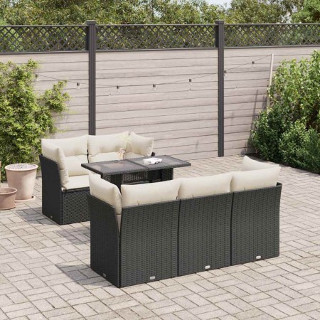 Set de sofás de jardín 6 piezas y cojines ratán sintético negro