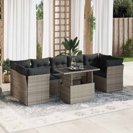 Set de sofás de jardín y cojines 8 piezas ratán sintético gris