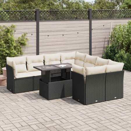 Set de sofás de jardín con cojines 9 pzas ratán sintético negro
