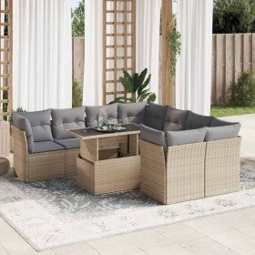 Set de sofás de jardín con cojines 9 pzas ratán sintético beige