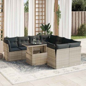 Set muebles jardín 9 pzas y cojines ratán sintético gris claro