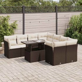 Set de sofás de jardín 9 pzas y cojines ratán sintético marrón