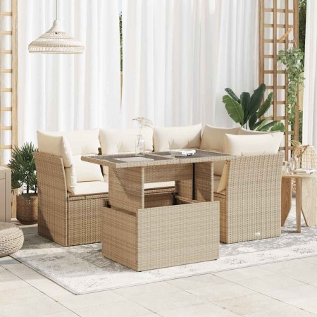 Juego de sofás jardín con cojines 5 pzas ratán sintético beige