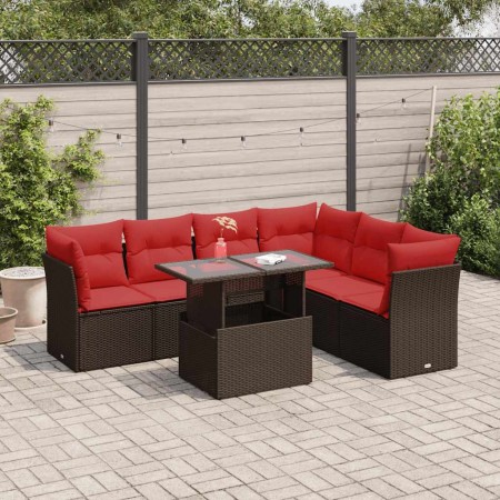 Set sofás jardín y cojines 7 pzas ratán sintético acacia marrón