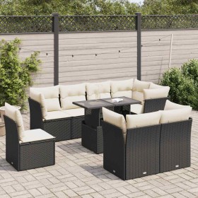 Set de sofás de jardín con cojines 9 pzas ratán sintético negro