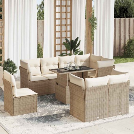 Set de sofás de jardín con cojines 9 pzas ratán sintético beige