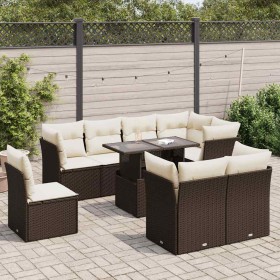 Set de sofás de jardín 9 pzas y cojines ratán sintético marrón
