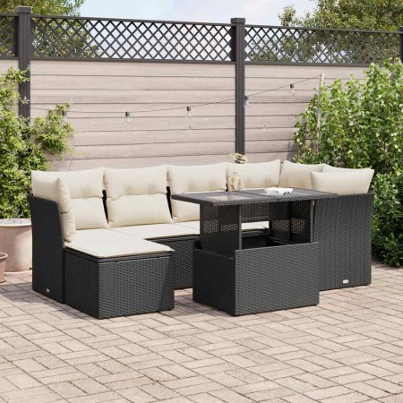 Set de sofás de jardín 7 pzas con cojines ratán sintético negro