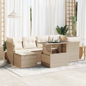 Set sofás de jardín 7 piezas y cojines ratán sintético beige