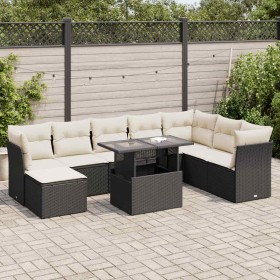 Set de sofás de jardín con cojines 9 pzas ratán sintético negro