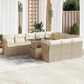 Set de sofás de jardín 11pzas con cojines ratán sintético beige Set de sofás de jardín 11pzas con cojines ratán sintético beige