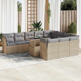 Set de sofás de jardín 11pzas con cojines ratán sintético beige