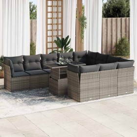 Set de sofás de jardín 11 pzas y cojines ratán sintético gris