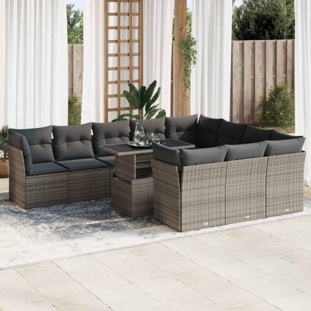Set de sofás de jardín 11 pzas y cojines ratán sintético gris