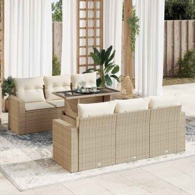 Set sofás de jardín 7 piezas y cojines ratán sintético beige