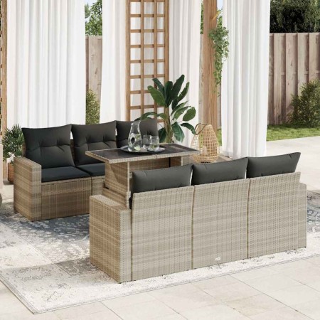 Set de sofás de jardín 7 pzas con cojines ratán PE gris claro