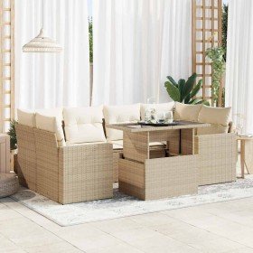 Set sofás de jardín 7 piezas y cojines ratán sintético beige