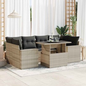 Set de sofás de jardín 7 pzas con cojines ratán PE gris claro